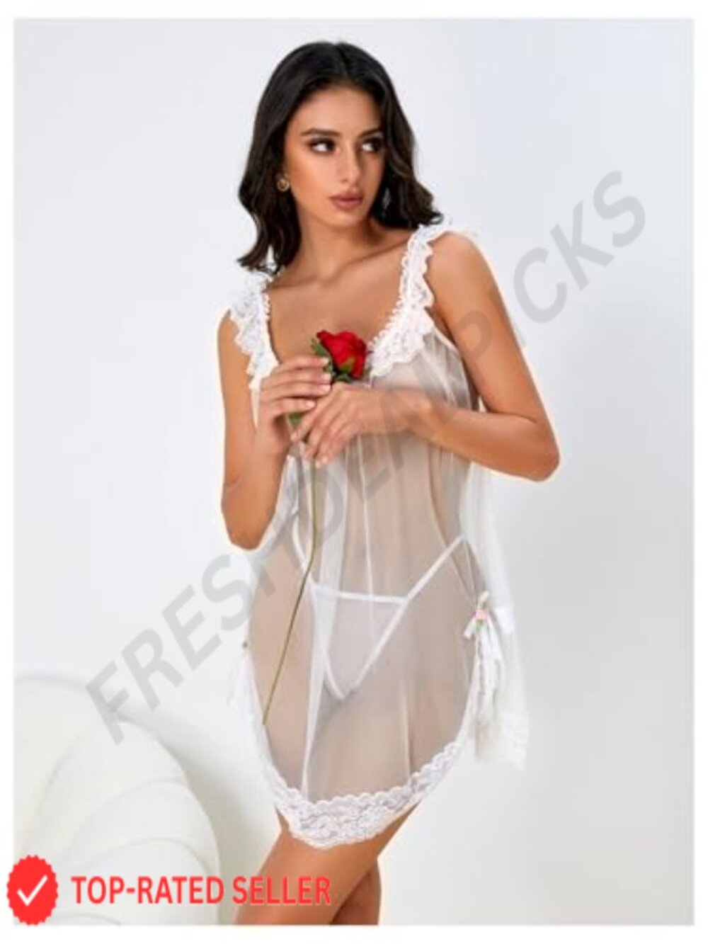 Sheer Lace Babydoll Dress & Thong 2-Piece Lingerie Set - Picture 3 of 4
